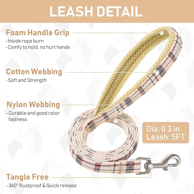 GAMUDA Small Dog Harness Collar and Leash Set, Step in No Chock No Pull Soft Mesh Adjustable Dog Vest Harnesses Plaid Reflective for Dogs Puppy Cats Kitten Rabbit (Beige, M)