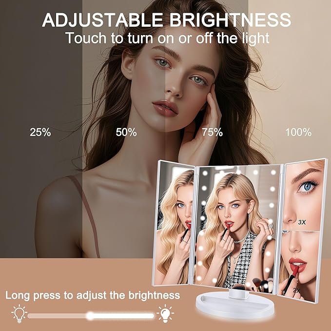 deweisn Floor Mount Tri-Fold Lighted Vanity Mirror with 21 LED Lights, Touch Screen and 3X/2X/1X Magnification, Two Power Supply Modes Make Up Mirror,Travel Mirror