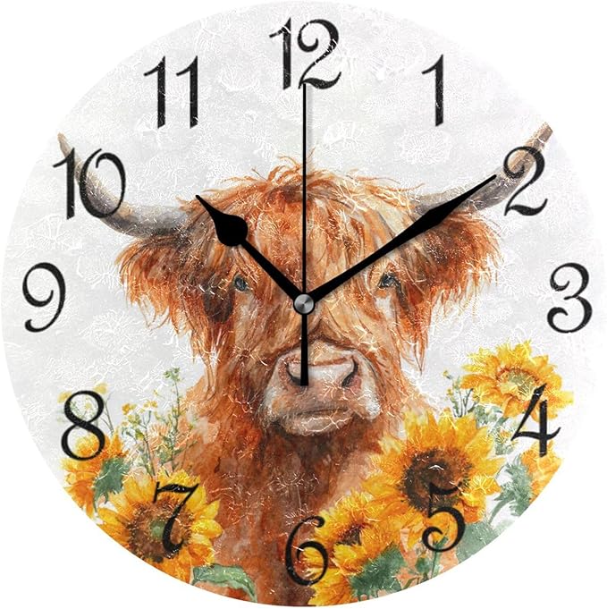 Wall Clock Yak and Sunflower Oil Painting Silent Non-Ticking Decorative Round Wall Clocks Battery Operated for Office Home Living Room Kitchen Bedroom 10 Inch