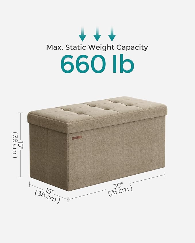 SONGMICS Mazie Collection - 30 Inches Folding Storage Ottoman Bench, Ottoman Foot Rest, End of Bed Bench, Storage Chest, Load 660 lb, for Living Room, Bedroom, Entryway, Camel Brown ULSF047R01