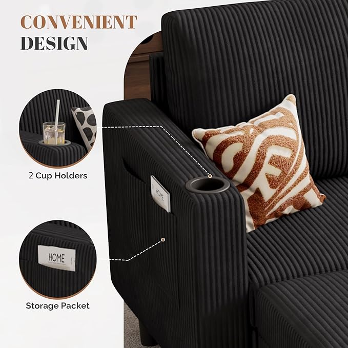 Upholstered Sectional Sofa and Couches, 78'' L Shaped 3-seat Sofa for Living Room, Apartment, Lounge,Bedroom-Washable Covers Convertible Sofas(Corduroy,Black)