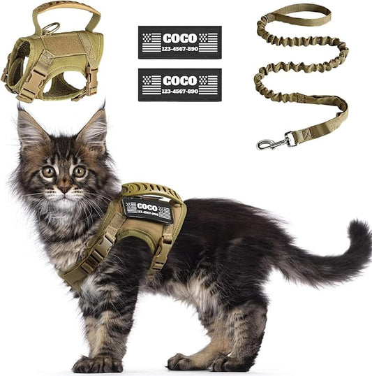 Tactical Cat Harness Escape Proof for Walking with Personalized Patches - Adjustable Cat Harness 8-20lbs Escape Proof - Soft Vest for Large Kitty with Optional Leash (Khaki)