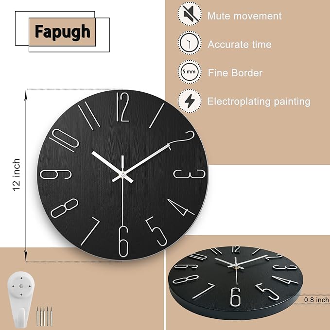 Wall Clock, Silent Clock, Wall Clocks Battery Operated， 12 inch Modern Wall Clock, Suitable for Offices, Living Rooms, Kitchens, Homes, Schools (Black)