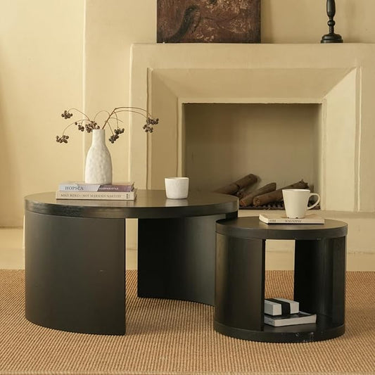 Round Nesting Coffee Table Set of 2, 31.5" Large and 18" Small Low Tables, Modern Wood Grain Tables for Living Room, Black