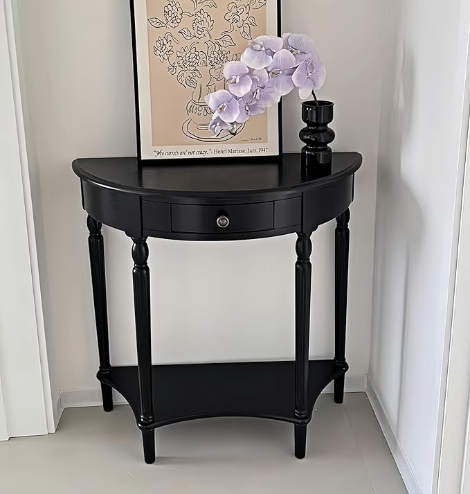 Solid Wood Console Table with Drawer, Semi-Circle Entryway Storage Shelf, Half-Moon Porch Table Side Elegant Vintage Sofa for Living Room (Black (39.4" L x 15.7" W x 34.4" H))