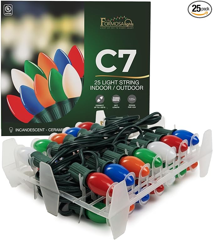 C7 26ft Indoor/Outdoor Ceramic Multicolor Incandescent Christmas String Lights with 25 Bulbs | 120V, 5W