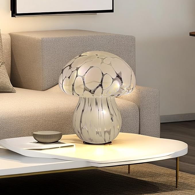 Mushroom Table Lamps Night Lights Cute Glass Nightstand Bedside Desk Lamps for Bedroom Living Study(Bulb Included) - White