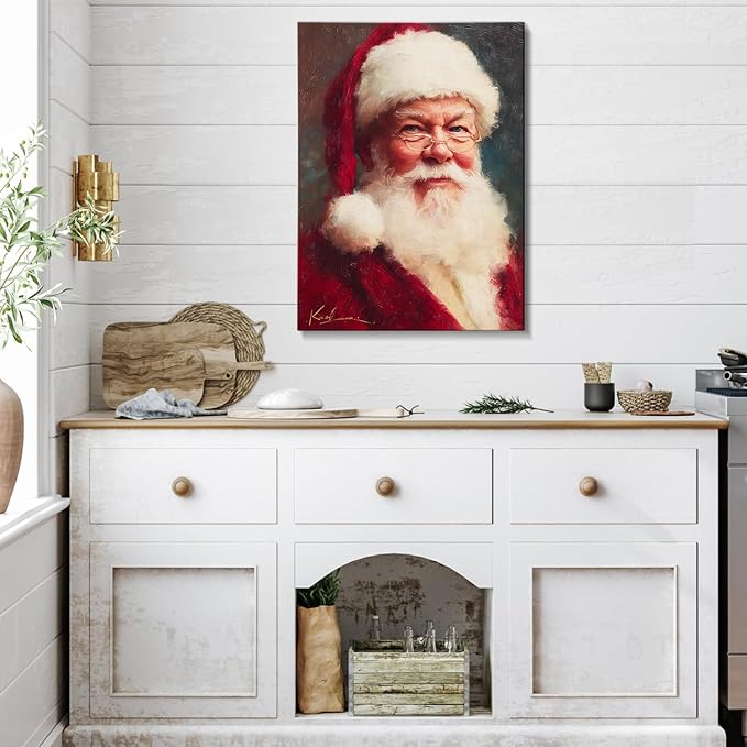 Vintage Santa Claus with Red Hat Portrait Christmas Canvas Wall Art - Victorian Style Framed Canvas Prints for Living Room & Bedroom, Classic Christmas Wall Decor, Christmas Gifts & Winter Decor