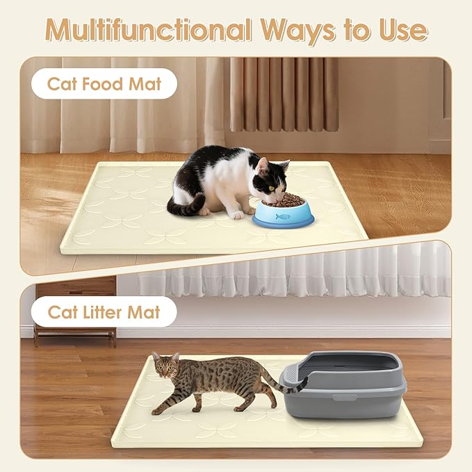 Cat Litter Mat, Large 34" x 22" Litter Box Mat, Waterproof Silicone Litter Mat for Litter Box, Non-Slip, Easy to Clean (Beige)