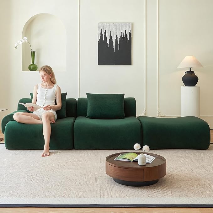 Modular L Shaped Sectional Couch, 114" Boneless Couches for Living Room with Deep Seat, Modern Lounge Sofa Sectional Sofa with Convertible Ottoman, Green Cloud Couch - No Assembly Required