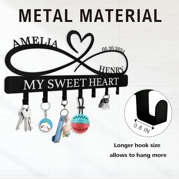 Personalized Key Holder Wall Mount, Custom Couple's Name Key Holder for Wall, Love Shape Wedding Couple Gifts, Metal Key Rack Coat Rack, Key Rack Organizer for Bedroom Hallway Decor