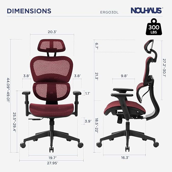 Nouhaus Ergo3dL Home Office Desk Chairs Ergonomic Office Chair High-Back Mesh Rolling Work Chairs with Wheels and Adjustable Headrests Comfortable Lumbar Support Adjustable Armrests(Burgundy)