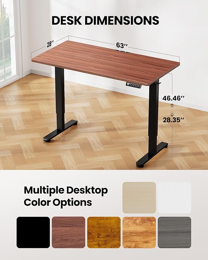 ErGear Height Adjustable Electric Standing Desk, 63 x 28 Inches Sit Stand up Desk, Large Memory Computer Home Office Desk with Two-Piece Desktop (Walnut)