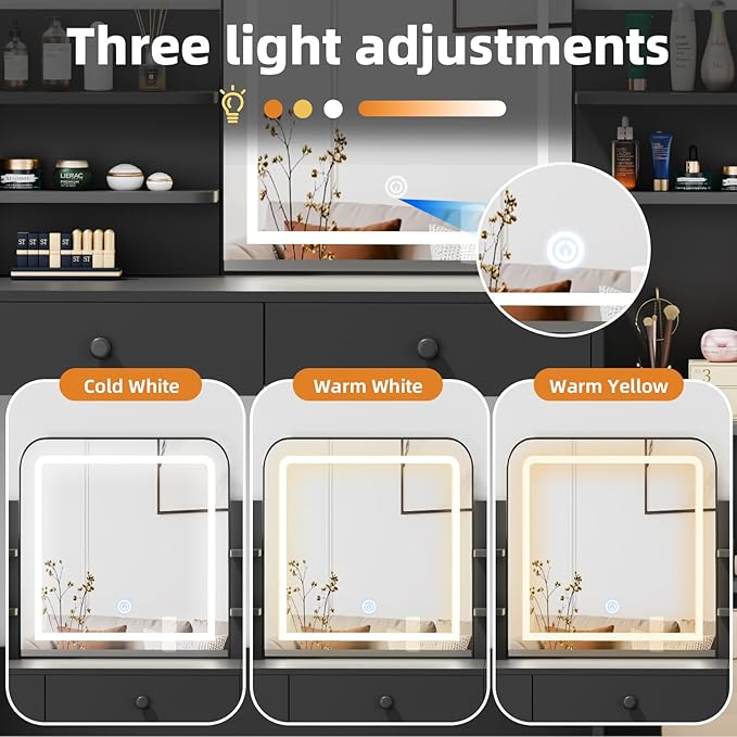 Makeup Vanity Desk with LED Mirror & 5-Tier Sloped Shelves, 7 Open Storage Areas & 3 Drawers, Adjustable 3-Color Lighting Dressing Table