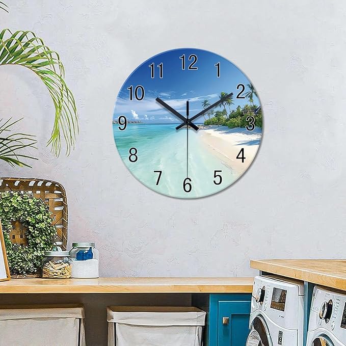 XFM Blue Beach Wall Clocks Battery Operated 14 Inch Round Glass Silent Wall Clock Coastal Nautical Wall Clocks for Living Room Bedroom Kitchen Decor