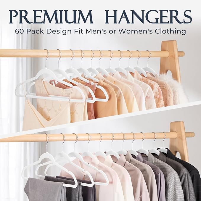 HOUSE DAY White Velvet Hangers 60 Pack, Non Slip Clothes Felt Hanger Heavy Duty for Coat, Premium Slim Space Saving Suit Hangers for Closet Organizer, 360° Rotating Silver Hook