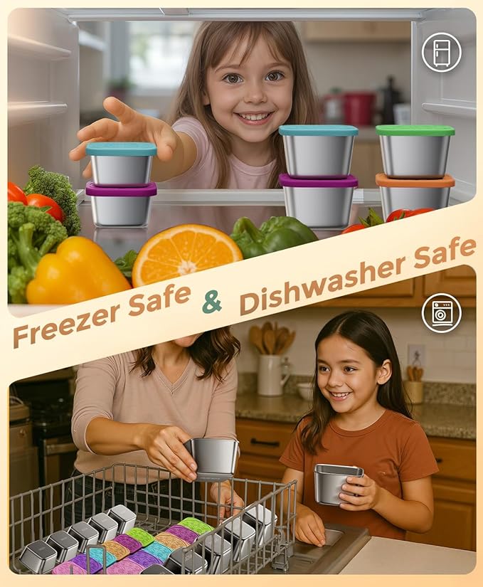 12Pack 6oz Stainless Steel Snack Containers and 2oz Salad Dressing To Go Containers with Silicone Lids, Reusable Square Meal Prep Condiment Sauce Containers Lunch Box Accessories