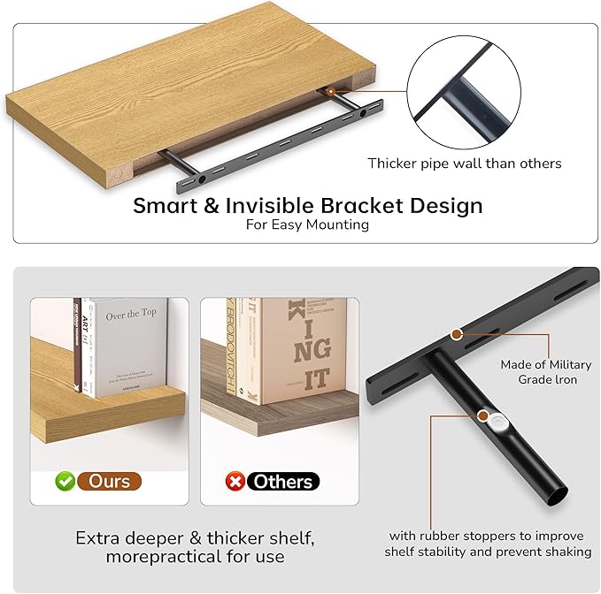 Fun Memories Floating Shelves - 2 Pack 12 Inch Deep Rustic Wooden Wall Shelves - Extra Deeper & Thicker Wall Mounted Storage Shelf for Living Room, Kitchen, Farmhouse - 24" W x 12" D x 1.5" H - Oak