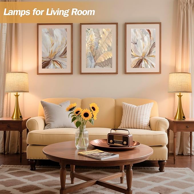 Touch Table Lamp for Living Room Bedroom, 21" Table Lamps Set of 2 with USB C+A Ports, Touch Bedside Lamps for Nightstand with 3 Way Dimmable, 2 LED Bulbs Included, Gold