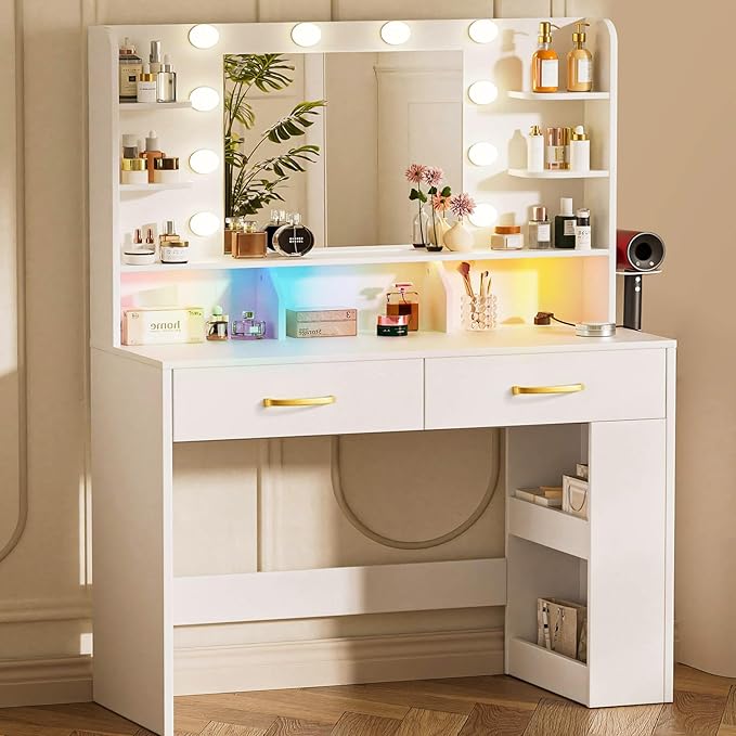 COMHOMA Vanity Desk with Lighted Mirror and Power Outlet, RGB LED Lights Makeup Vanity Set for Girls, Large Storage Capacity Dressing Table for Bedroom, 3 Lighting Modes Adjustable Brightness, White