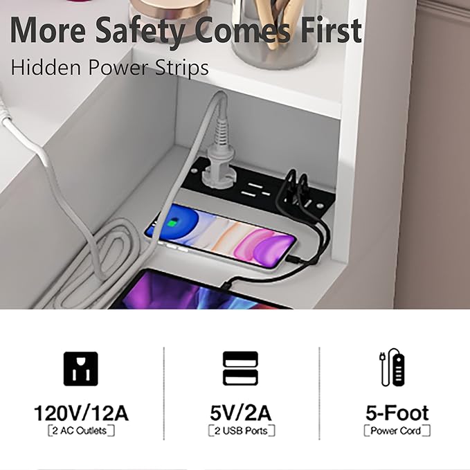 PAKASEPT Vanity Set with Lighted Mirror, 43'' Makeup Vanity with Charging Station, Vanity Desk with 9PCS LED Bulb, Storage Shelves, 7 Drawers for Bedroom(No Stool)