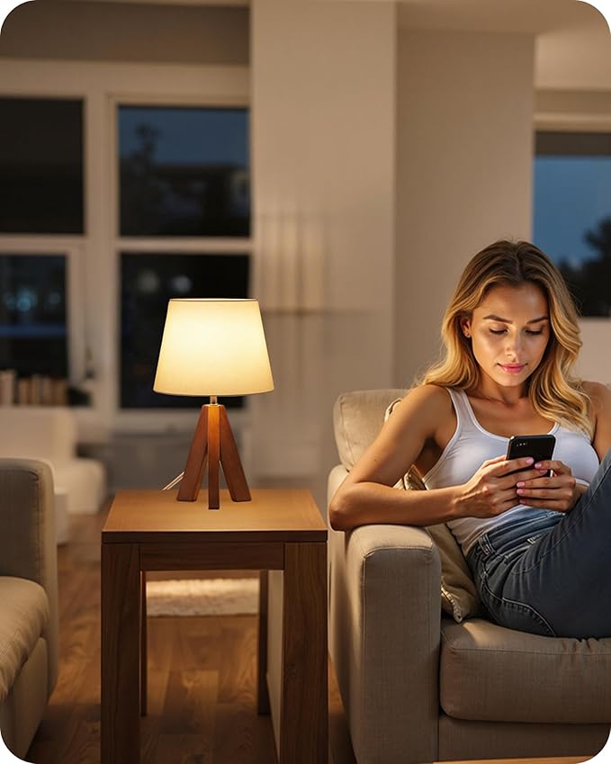 Tripod Table Lamp, Small Bedside Lamp with White Fabric Shade & Dark Wood Base, Modern Nightstand Lamp, Little Cute Desk Lamp for Bedroom, Kids Room, Living Room, Office, Study, LW51TL05