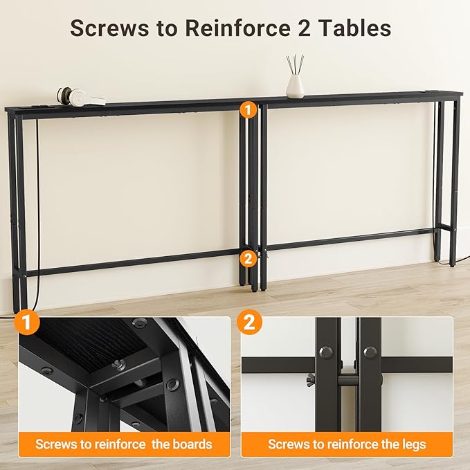 ELYKEN 94.5" Narrow Console Sofa Table with Power Outlet, 5.9'' Behind Couch Table with Charging Station, Long Entryway Tables for Living Room, Hallway, Black
