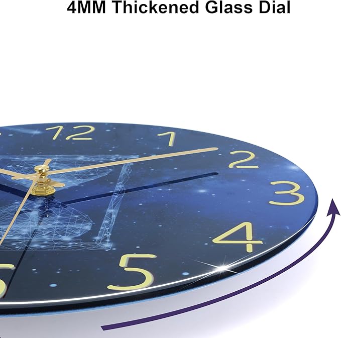 Lafocuse 12 Inch Blue Wall Clock Silent Non Ticking, Galaxy Glass Clocks Battery Operated for Living Room Bedroom Kitchen Decor, Hourglass Pattern