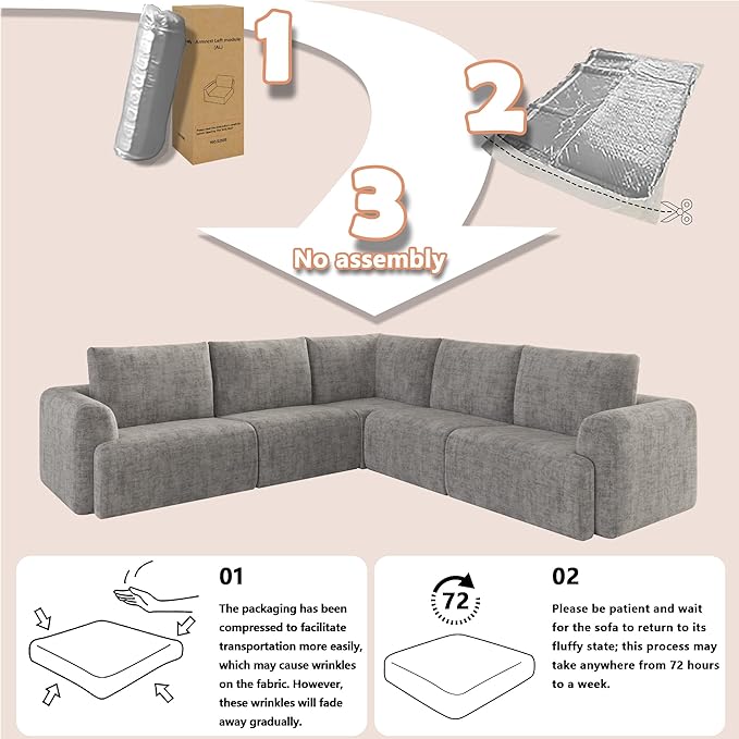 EASE MOOSE Cloud Couch Sectional Sofa, Large L-Shaped Oversized Modular Couch for Living Room, Minimalist Boneless Convertible Couches, 5-Seat Deep Sofas for Bedroom, Chenille (Light Grey)