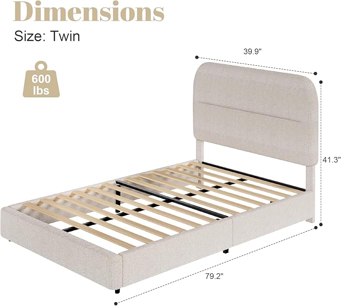 HOMBCK Twin Size Boucle Bed Frame, Upholstered Bed Frame with Headboard, Twin Bed Frames for Kids, Thickened Footboard/Rounded Corners/Adjustable Headboard/No Box Spring Needed/Easy Assembly, Beige
