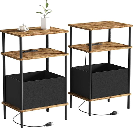Small Side Table with Charging Station, Set of 2 End Table for Small Spaces, Slim Nightstand with Outlet,Sofa Beside Table,Living Room, Bed Room, Rustic Brown