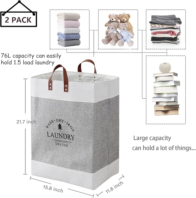 COMFY HOMI 2Pack 76L Laundry Basket & Hamper, Large Collapsible Waterproof Clothes Baskets with Handles, Freestanding Laundry Hampers for Bedroom Bathroom Dorm - 15.8x11.8x21.7 Inch - light grey