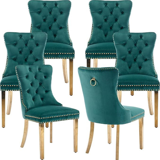 Luxury Upholstered Dining Chairs Set of 6, Green Kitchen Chair with Golden Metal Legs, Velvet Tufted Back Dining Chair, Sillas de Comedor, Modern Kitchen & Dining Room Chairs (Green, 6 Pcs)