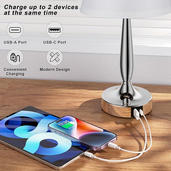 Kakanuo Touch Table Lamp for Bedroom, Small Bedside Lamp with USB C Charging Port, 3 Way Dimmable Touch Control Nightstand Lamp for Living Room and Office, White Shade and Silver Base