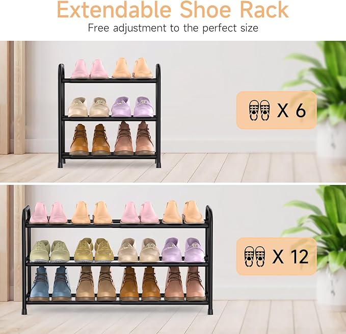 3 Tier Expandable Shoe Rack, Adjustable Shoe Shelf Storage Organizer, Black Shoe Organizer for Closet, Free Standing Shoe Rack for Entryway, Closet, Doorway, Garage