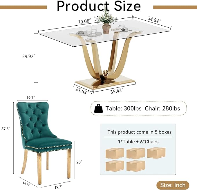 70" Modern Gold Glass Dining Table Set for 6, 7-Piece Rectangle Kitchen Dining Room Table Set with Steel Base & 6 Green Velvet Upholstered Chairs, Modern Glass Kitchen Table and Chairs Set of 6