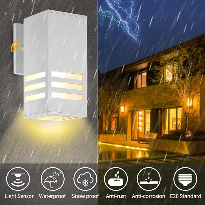 Dusk to Dawn Outdoor Wall Lamp, Exterior Light Fixture - ETL Listed, Aluminum Anti-Rust Waterproof Wall Mount Rectangular Design – Up/Down Photocell Outdoor Lighting for Porch, Garage or Patio