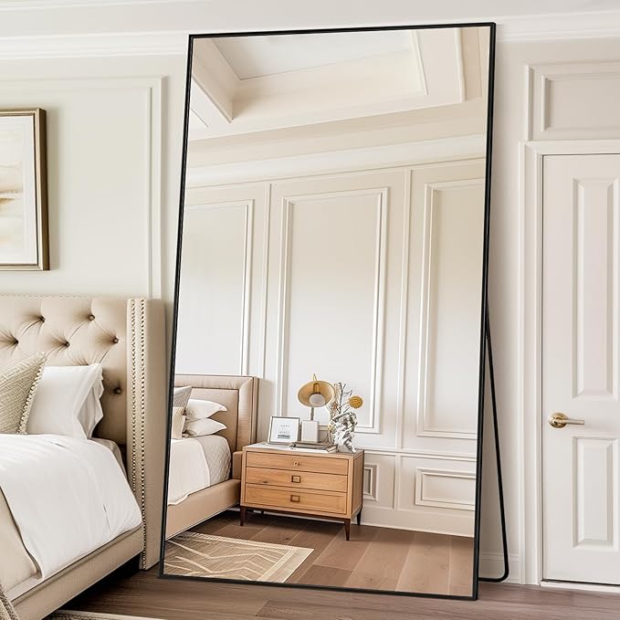 Full Length Mirror, 88"x44" Floor Mirror Freestanding, Oversized Floor Standing Mirror Full Body Mirrors with Stand for Bedroom, Hanging Mounted Mirrors for Living Room Cloakroom, Black, Rect