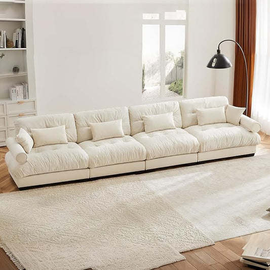 166" Oversized Couch, 4 Seater Modular Sectional Sofa, Beige White Large Sectional Couches for Living Room, Fluffy Couch Set, 4 Seater Velvet Cloud Couches with 6 Pillows, Deep Seat for Living Room