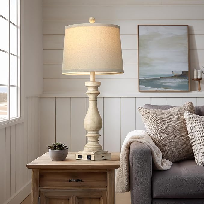 29" Tall Vintage Table Lamps Set of 2,Farmhouse Bedside Lamps with USB C+A Ports & AC Outlet,3-Way Dimmable Touch Lamp for Night Stands Living Room Bedroom,Beige