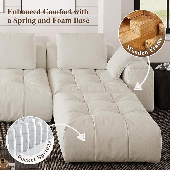 Cloud Sectional Couch for Living Room,Linen Modular Oversized Sofa,Deep Seat Sofas,Down Filled Couches for Apartment,Cream White
