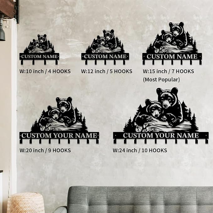 Personalized Custom Name Bear Key Wall Hooks,Metal Bear Keys Clothes Hooks,Metal Bear Wall Home Storage Decorative,For Front Door, Hallway, Kitchen, Bedroom,Keys,Hats (Style K)