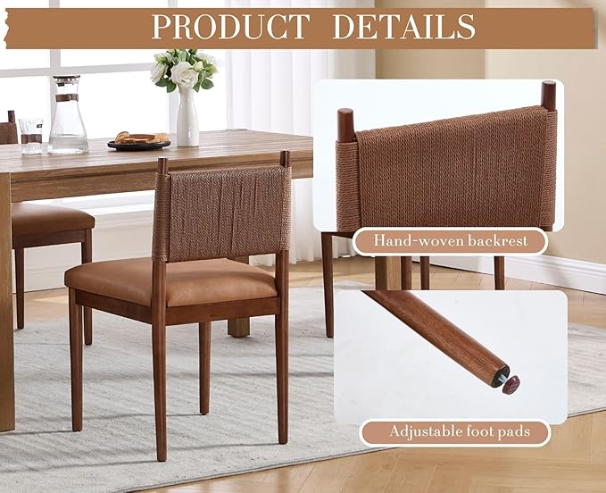 CIMOTA Brown Faux Leather Dining Chairs Set of 2, Mid Century Modern Upholstered Dining Room Chairs with Woven Back, Armless Kitchen Chairs with Walnut Solid Wood Legs, PU