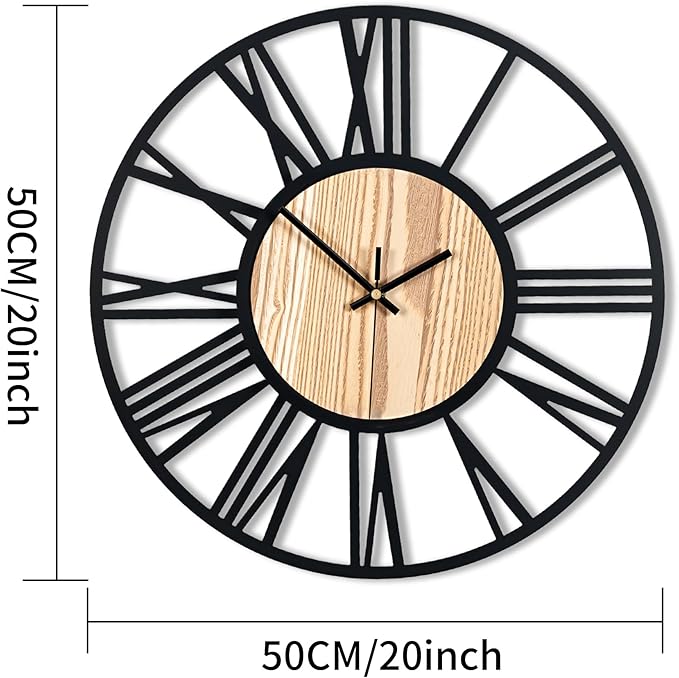 20inch/50cm Large Wall Clocks for Living Room Decor,Bedroom,Battery Operated,Metal,Decorative,Analog,Silent,Non Ticking Big Wall Clock(Wooden Roman Numerals, 20 inches)