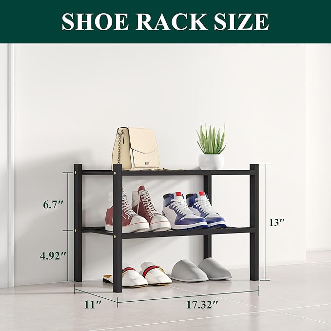 Smiry Shoe Rack, 2 Tier Small Bamboo Shoe Organizer, Stackable Free Standing Wooden Shoe Storage Shelf for Closet, Entryway, Front Door Entrance, Black