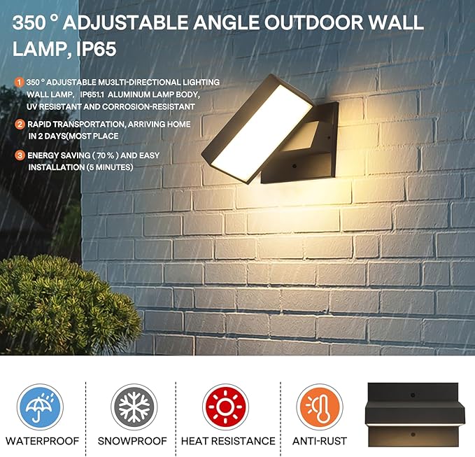 Outdoor Wall Light 350° Rotate Modern Wall Sconce Minimalist Style Wall Mount Light Aluminum Outside Light Fixture No Glare high Brightness 3000K LED Warm Lights for Porch/Front Door