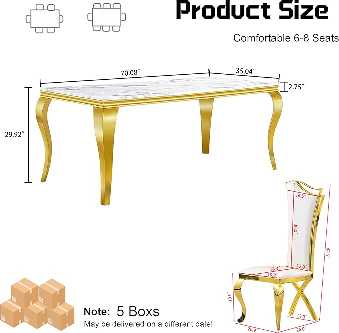 7-Piece Dining Table Set for 6, Modern Dining Room Set with 70'' Marble Dinner Table and 6 High-Back Upholstered Chairs, Stainless Steel Legs Table & Chair Set for Kitchen, White & Gold