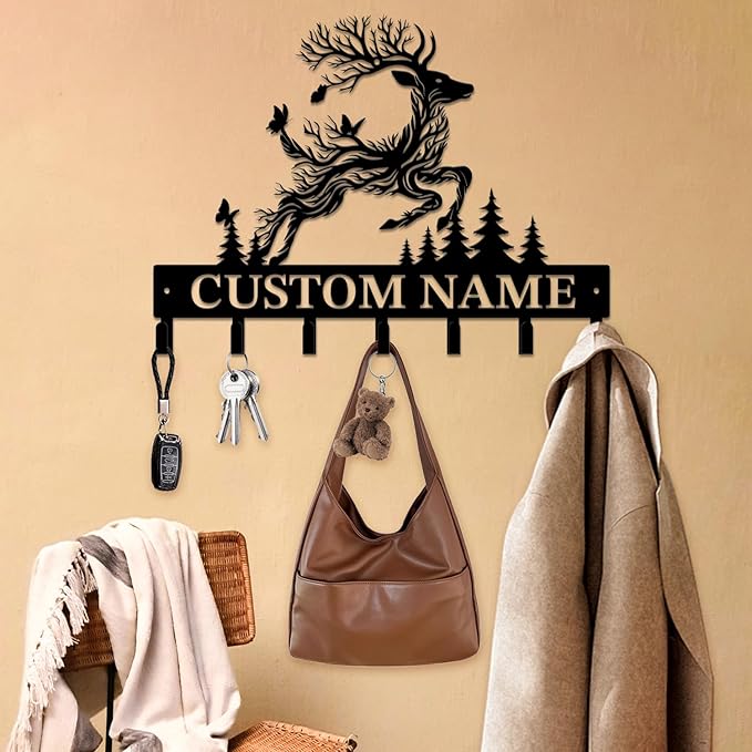 Personalized Custom Name Forest Deer Wall Keys Hooks,Metal Forest Deer Art Clothes Hooks,Metal Forest Deer Wall Home Storage Decorative,For Front Door, Hallway, Kitchen, Bedroom,Keys,Hats (Style F)