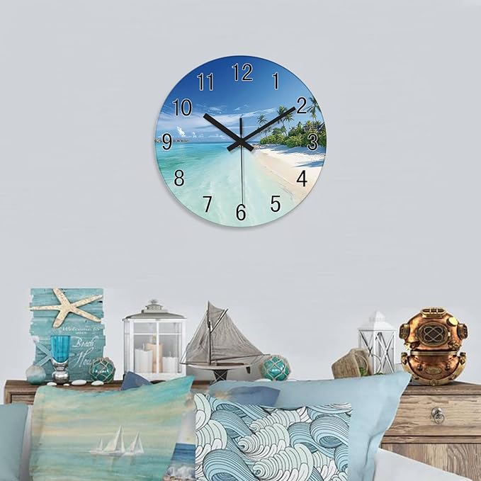 XFM Beach Coastal Wall Clocks Battery Operated 20 Inch Large Wall Clock Silent Tropical Seascape Glass Wall Clock for Living Room Bedroom Kitchen Decor