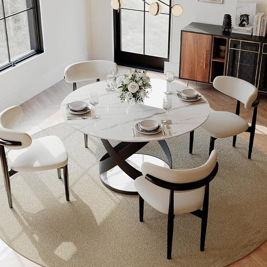 POVISON 51" Modern Dining Table, Glossy White Round Dining Table for 6, Sintered Stone Dining Tabletop with Black X Carbon Steel Base (Table Only)